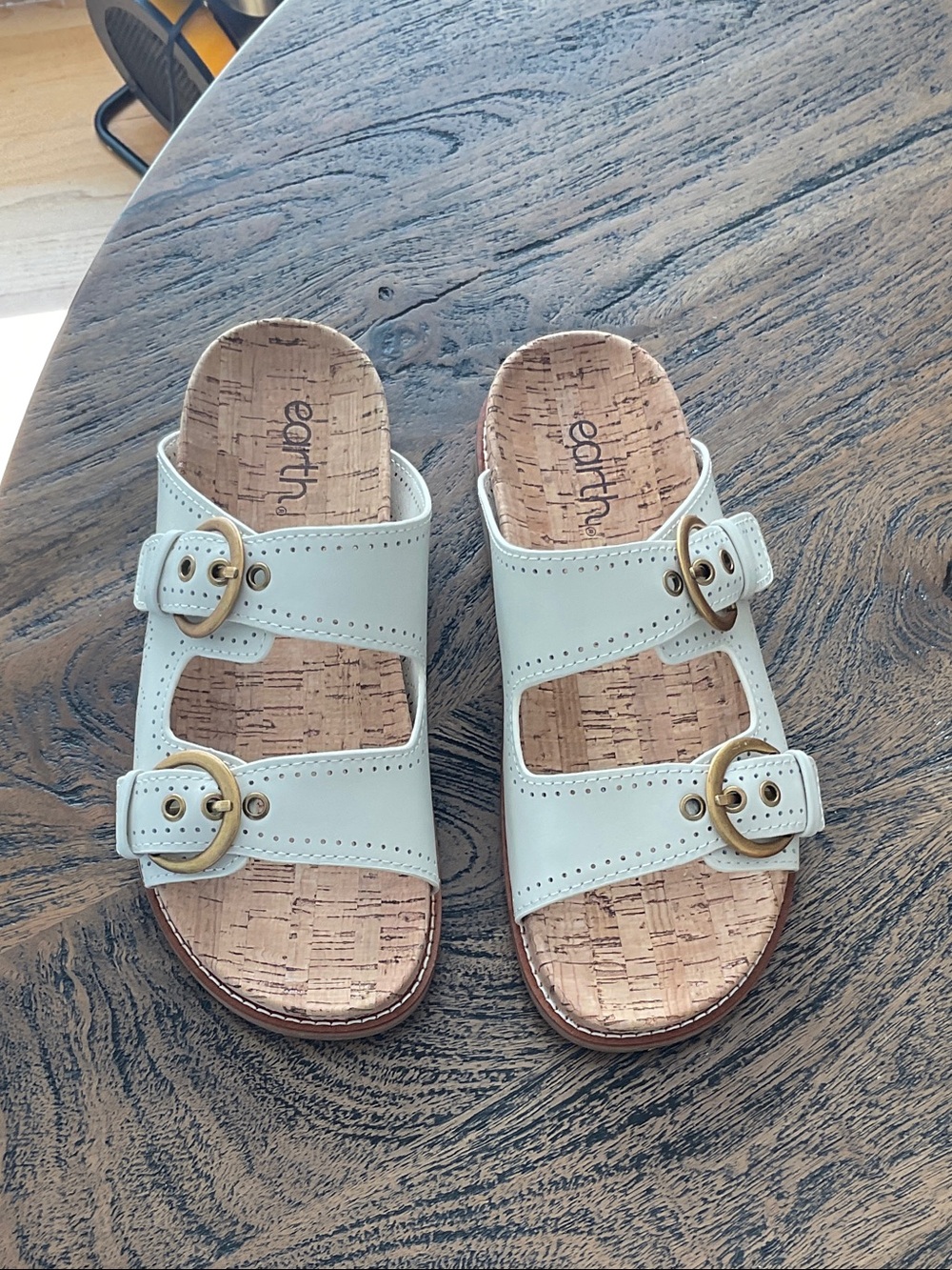 Earth Kids White Double-Buckle Cork-Print Slide Sandals